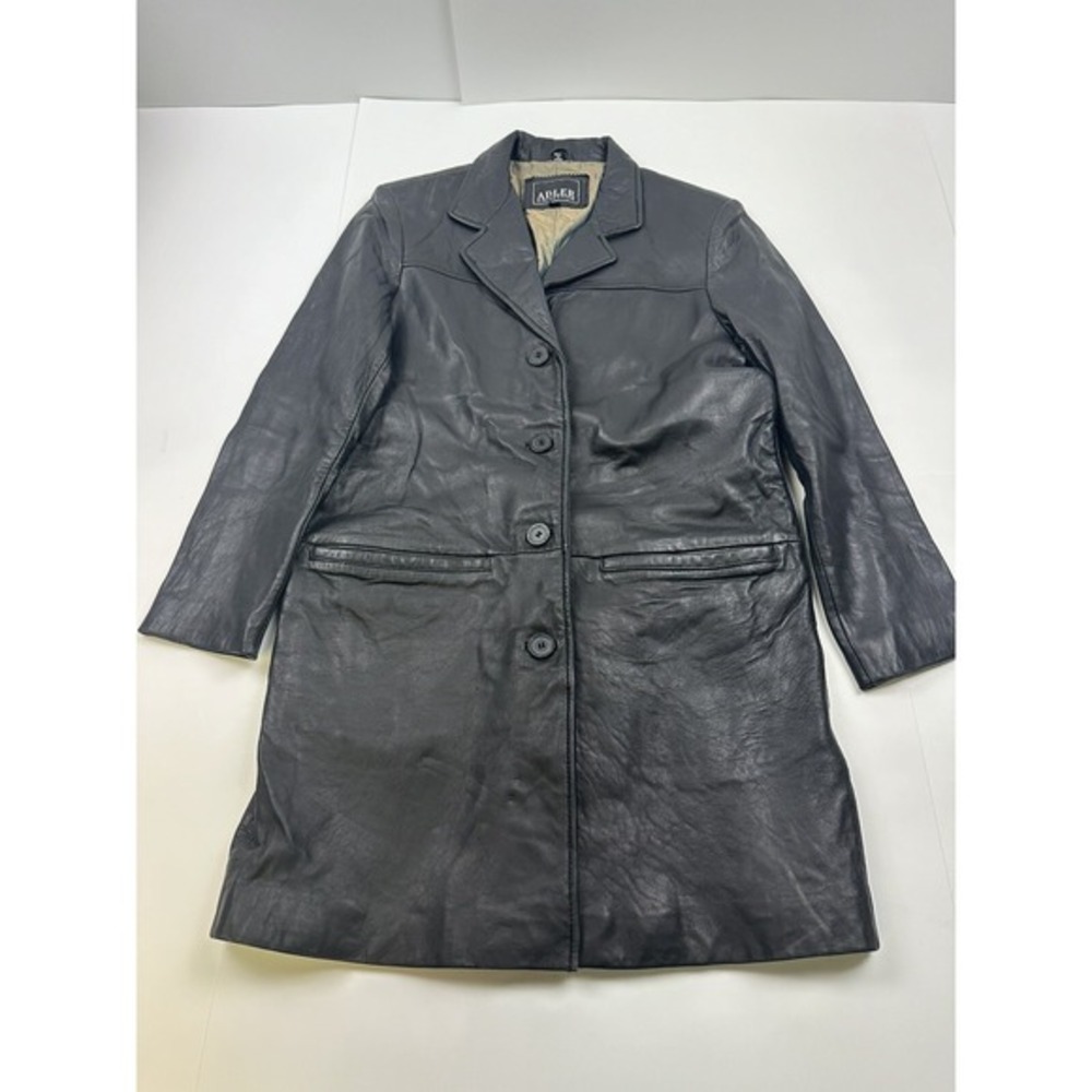 Adler Collection Black Long‎ Leather Button Up Coat/Jacket Sz Small